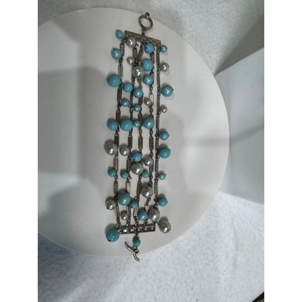 Unbranded antique 6” Necklace & 7” Bracelet Set Blue Silver beads silver links